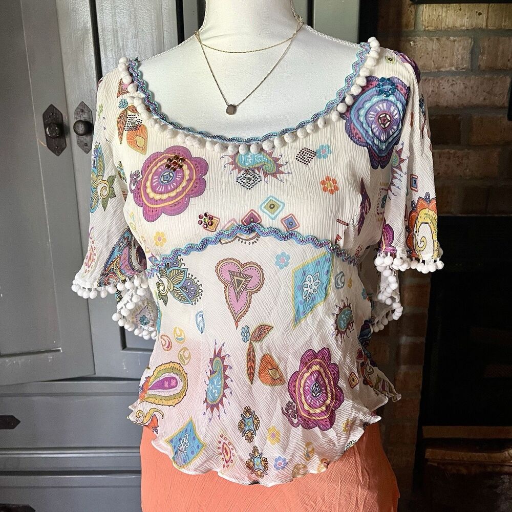 Y2K Vintage Alberto Makali Silk Boho Pom Pom Embellished Top Size 14